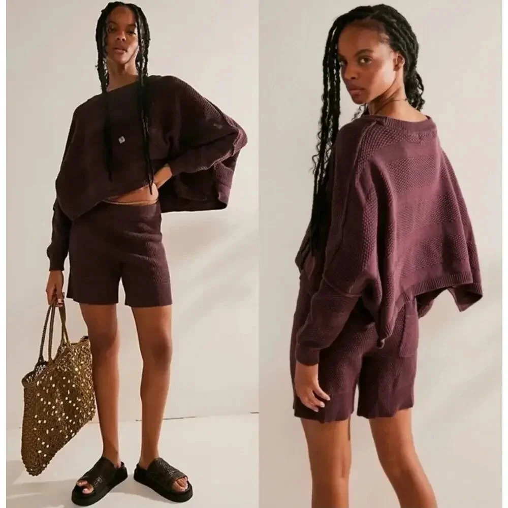 Free People Beach Lena Knit Sweater PulloverShorts Set Size Small Purple New - Picture 10 of 10